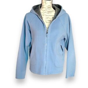 Eddie Bauer Blue Fleece Gray Jersey Reversible Hooded Jacket Ladies LARGE